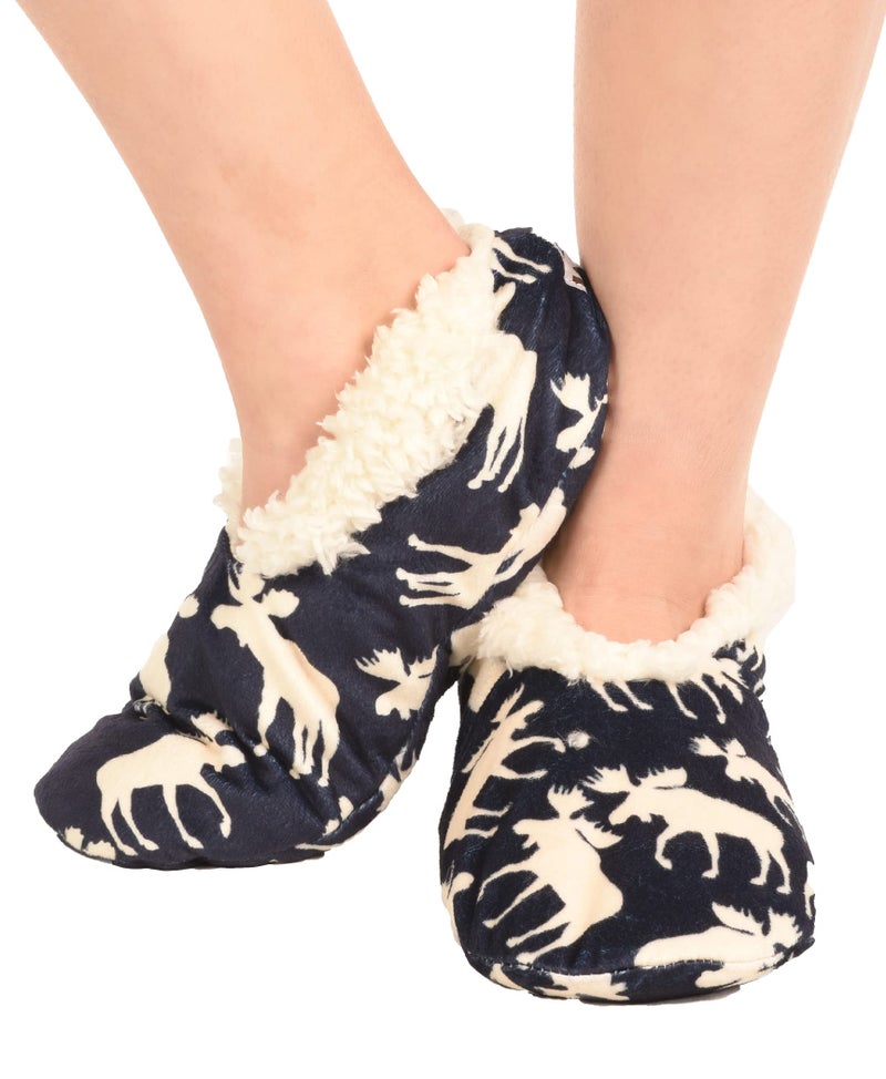 Lazy One Fuzzy Feet Slippers for Women, Cute Fleece-Lined House Slippers, Moose, Blue, Non-Skid - Image 2